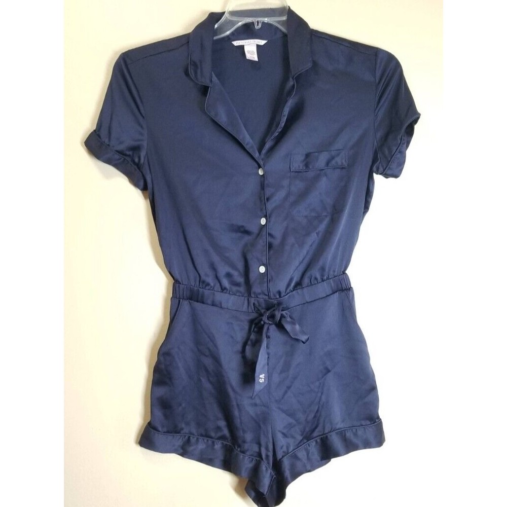 Victoria's Secret Romper Small Blue One Piece Button Front Tie Waist Sleepwear